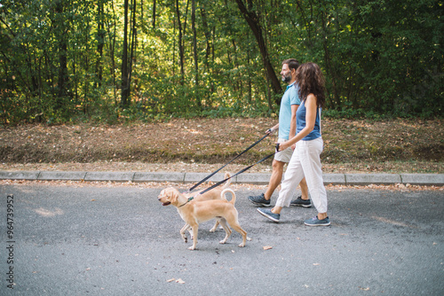 Photography Side view of couple walking their dogs in the park