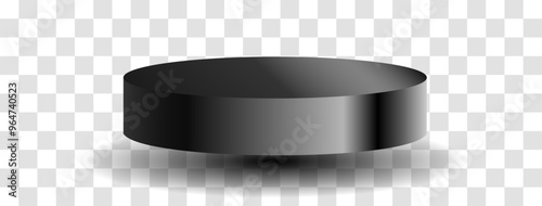 A black cylindrical object is displayed on a transparent checkered background. The object casts a shadow below, giving it a three-dimensional appearance. Vector illustration