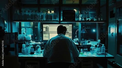 Scientist Analyzing Data in Dark Laboratory