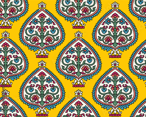 Indian Floral Seamless Vector Pattern, Vintage Oriental Motif for Chintz Fabric or Batik Indonesia Sarong, Arabesque Design for Textile, Print, Wallpaper