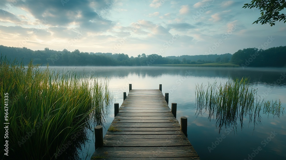 Wooden Dock Extending into a Misty Lake Wooden Dock Extending into a Misty Lake