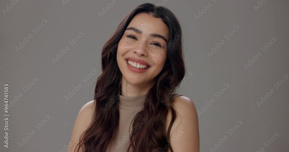Happy, woman and face with skincare in studio for cosmetic shine, facial glow or hair care growth. Salon, confidence and person by mockup space for treatment, growth or dermatology on gray background Happy, woman and face with skincare in studio for cosmetic shine, facial glow or hair care growth. Salon, confidence and person by mockup space for treatment, growth or dermatology on gray background
