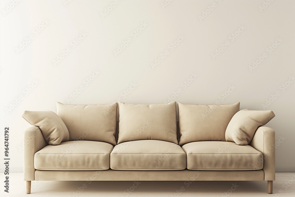 Beautiful expensive beige sofa against a pristine white wall in an empty room. Perfect lighting accentuates the luxurious texture and elegant design Beautiful expensive beige sofa against a pristine white wall in an empty room. Perfect lighting accentuates the luxurious texture and elegant design