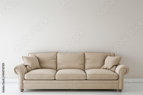 Beautiful expensive beige sofa against a pristine white wall in an empty room. Perfect lighting accentuates the luxurious texture and elegant design