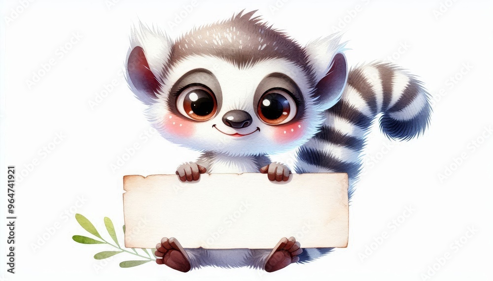 Fototapeta premium A cute watercolor illustration of a cheerful lemur holding a blank sign with a striped tail. The lemur has big brown eyes, a sweet smile, and rosy cheeks. The sign is perfect for adding your own messa
