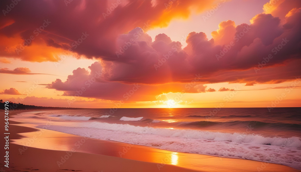Fototapeta premium Colorful sunset sky with fluffy clouds, sun rays breaking through the clouds