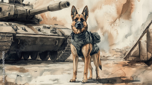 Shepherd Dog In Military Uniform Standing In Front Of Tank Watercolor Illustration Childrens Book Adorable Military Dog Character Tank Background Playful Military Kids Storybook