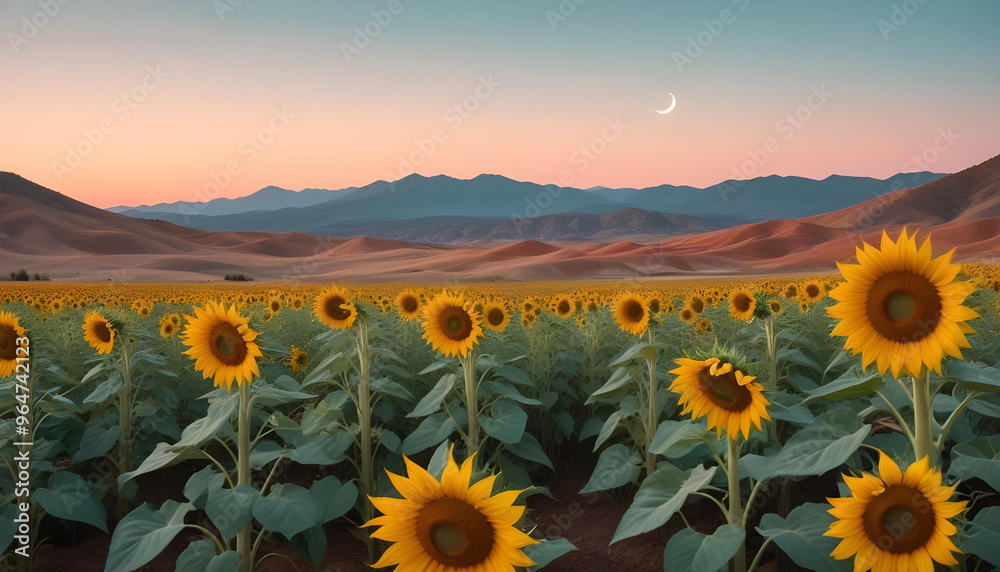 Fototapeta premium Crescent moon in a pastel sky over a mountainous landscape with warm, orange-tinted hills