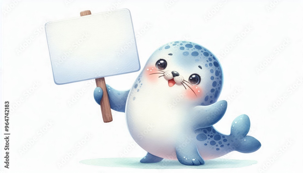 Obraz premium A charming watercolor illustration of a joyful seal with a friendly smile, holding a blank sign and balancing a ball on its nose. The seal represents happiness, balance, and opportunity.