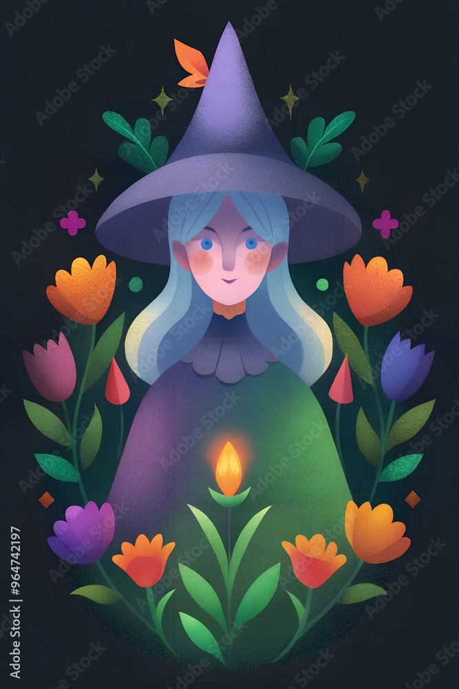 A whimsical witch surrounded by colorful flowers and glowing plants in a magical nighttime setting A whimsical witch surrounded by colorful flowers and glowing plants in a magical nighttime setting