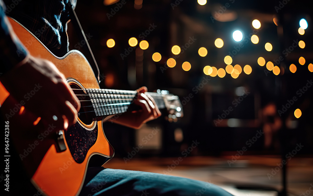 Obraz premium A musician plays an acoustic guitar on stage, with warm bokeh lights creating a captivating and intimate atmosphere.