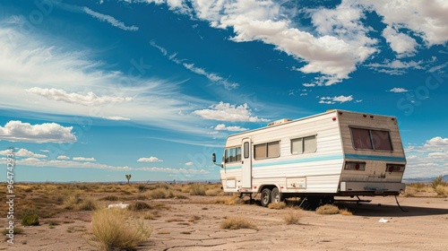 A large white RV is parked in a desert