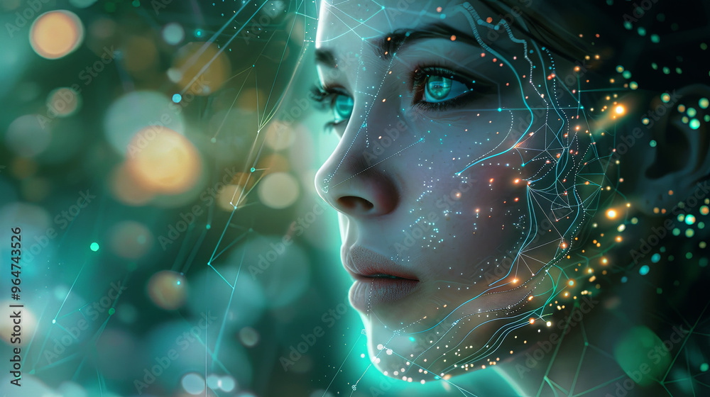 Detailed cyberpunk portrait of a woman, glowing light trails cascading over her face, intricate reflections of blue and gold, shimmering textures across her skin, high-tech feel Detailed cyberpunk portrait of a woman, glowing light trails cascading over her face, intricate reflections of blue and gold, shimmering textures across her skin, high-tech feel