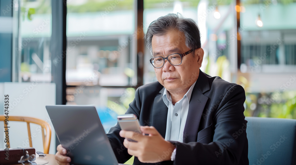 Asian businessman in glasses and formal suit with smartphone and tablet in hand sitting at a desk in an office opposite a window, reviewing a business proposal. Asian businessman in glasses and formal suit with smartphone and tablet in hand sitting at a desk in an office opposite a window, reviewing a business proposal.