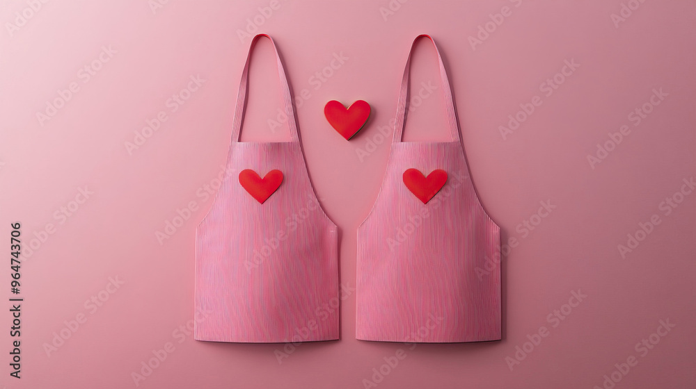 Charming pink aprons with red hearts, perfect for cooking and baking together. Ideal for couples and romantic home chefs. Charming pink aprons with red hearts, perfect for cooking and baking together. Ideal for couples and romantic home chefs.