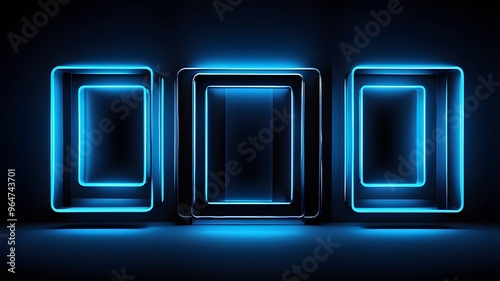 Three blue neon rectangles set against a dark background provide an abstract backdrop for trendy and well-selling graphics. 