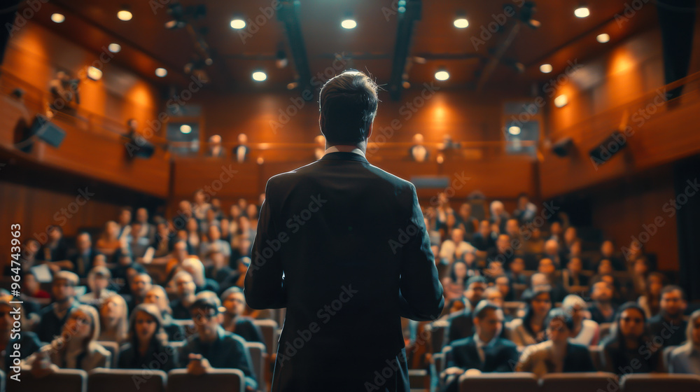 Rear view of a handsome man in business attire giving a presentation on stage to a large audience. Public speaking concept. Rear view of a handsome man in business attire giving a presentation on stage to a large audience. Public speaking concept.