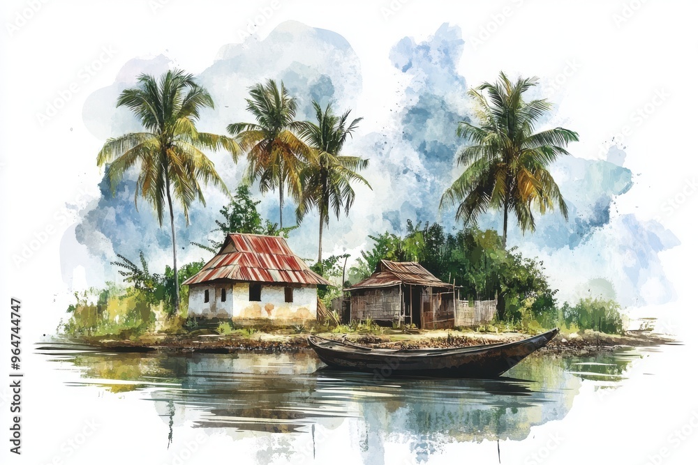 boat on the beach tin shed building with palm tree boat on the beach tin shed building with palm tree