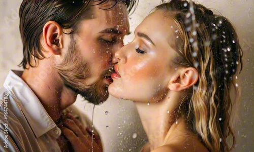 Passionate couple sharing a kiss under falling water in an intimate setting
