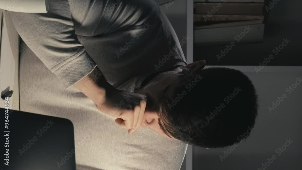 Vertical video. Exhausting job. Internet career. Overwork lifestyle. Sleepy hardworking male freelancer drinking coffee creating project using laptop late in dark home office. Vertical video. Exhausting job. Internet career. Overwork lifestyle. Sleepy hardworking male freelancer drinking coffee creating project using laptop late in dark home office.