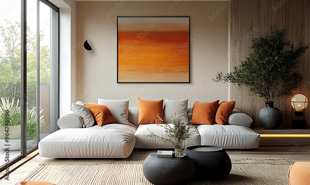 Fototapeta premium Japandi, scandinavain interior design of modern living room. 