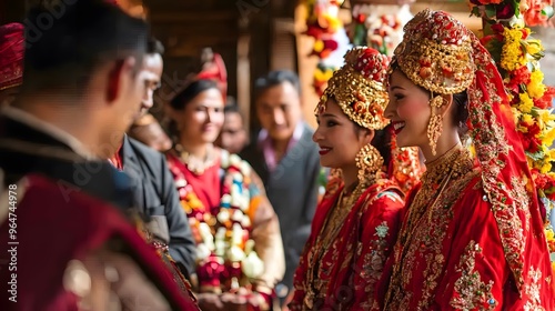 Traditional Nepalese Wedding Ceremony: A traditional wedding ceremony in Nepal, with the bride and groom in elaborate red and gold attire, surrounded by family and friends. 