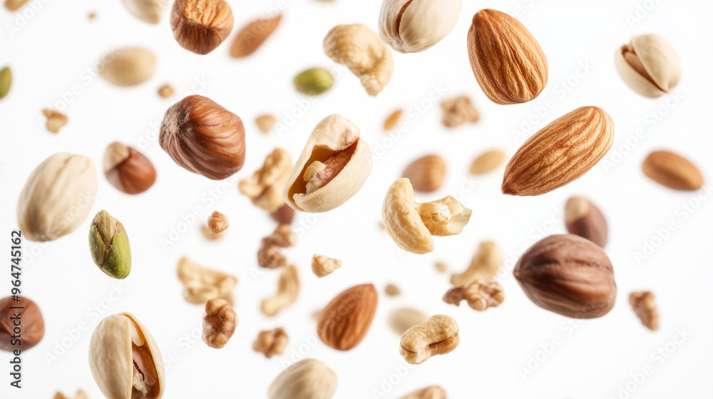 A mix of nuts, like pistachios, almonds, hazelnuts, walnuts, and cashews, are falling through the air against a white background. The nuts look fresh and dry, and they are all mixed together. A mix of nuts, like pistachios, almonds, hazelnuts, walnuts, and cashews, are falling through the air against a white background. The nuts look fresh and dry, and they are all mixed together.