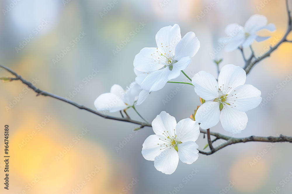 Spring white flowers blooming on a branch without leaves, set against a softly blurred background Spring white flowers blooming on a branch without leaves, set against a softly blurred background