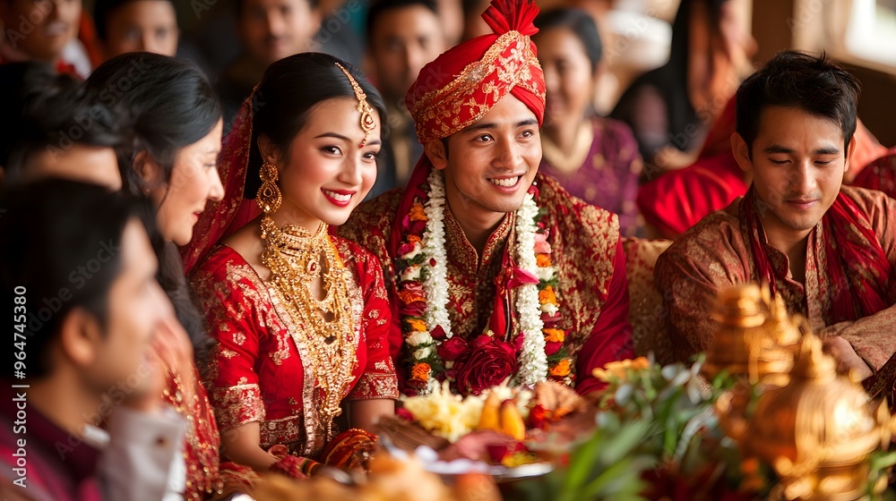 Traditional Nepalese Wedding Ceremony: A traditional wedding ceremony in Nepal, with the bride and groom in elaborate red and gold attire, surrounded by family and friends.
Traditional Nepalese Wedding Ceremony: A traditional wedding ceremony in Nepal, with the bride and groom in elaborate red and gold attire, surrounded by family and friends.