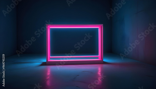 Rectangular neon pink frame against a dark blue background with blue lighting on the floor
