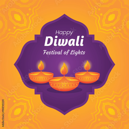 Happy Diwali Poster with Diya Lamp and Peacock Vector Illustration.