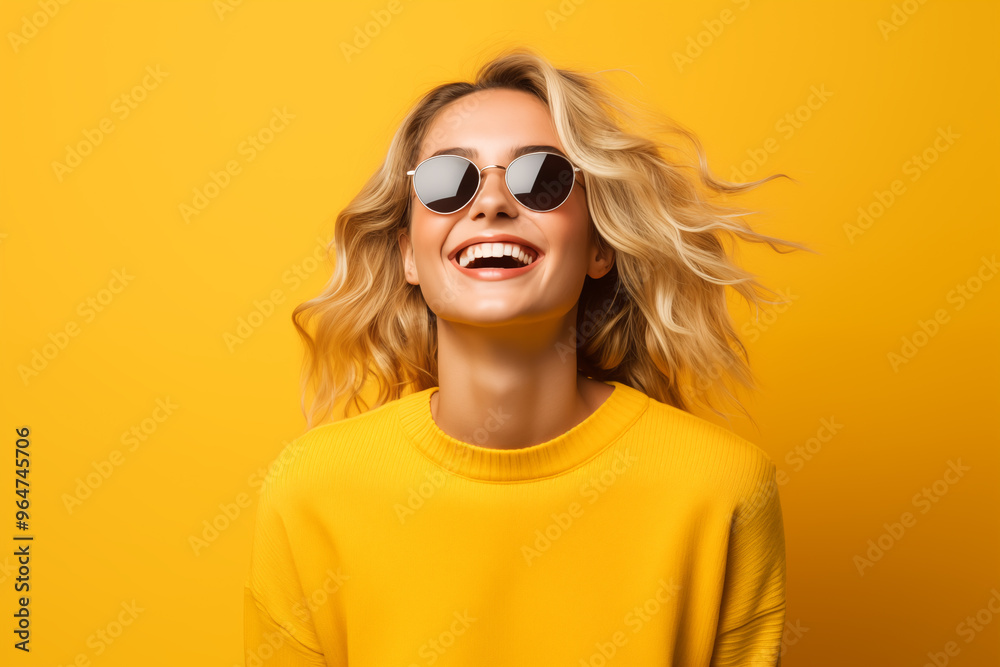 Young pretty blonde girl over isolated colorful background with sunglasses Young pretty blonde girl over isolated colorful background with sunglasses