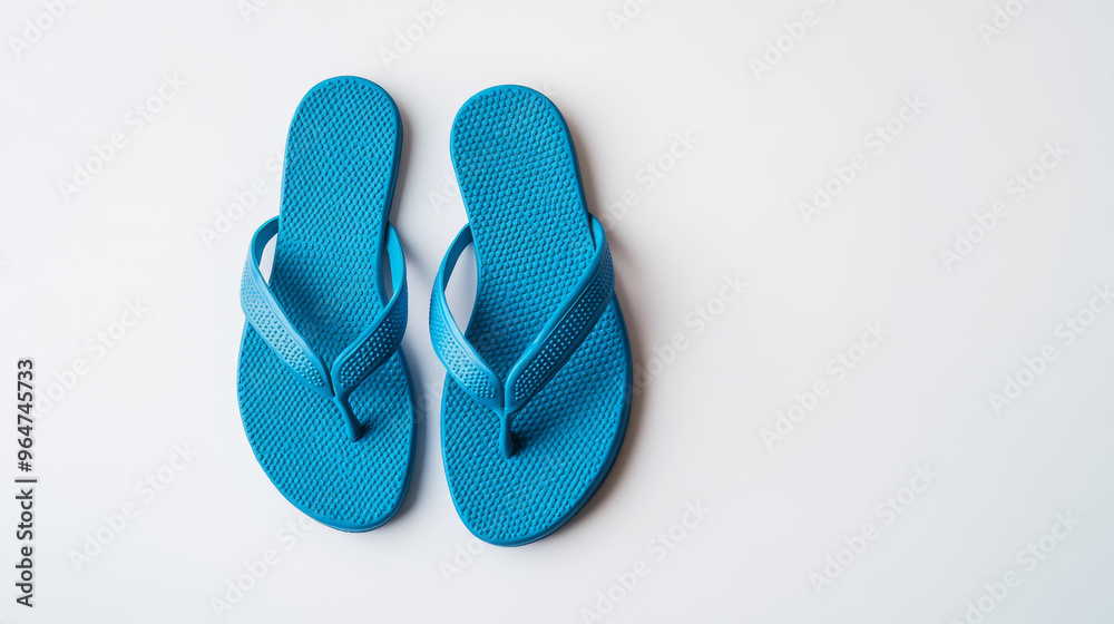 A pair of blue flip-flops on a white background. A pair of blue flip-flops on a white background.