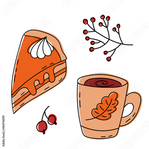 Cozy Autumn Treat A Delightful Illustration Featuring Cake and a Warm Drink Together