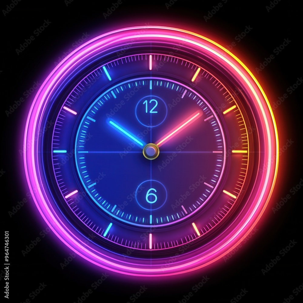 Vibrant neon clock design showcasing bright colors and modern aesthetics, perfect for digital art and creative projects. Vibrant neon clock design showcasing bright colors and modern aesthetics, perfect for digital art and creative projects.