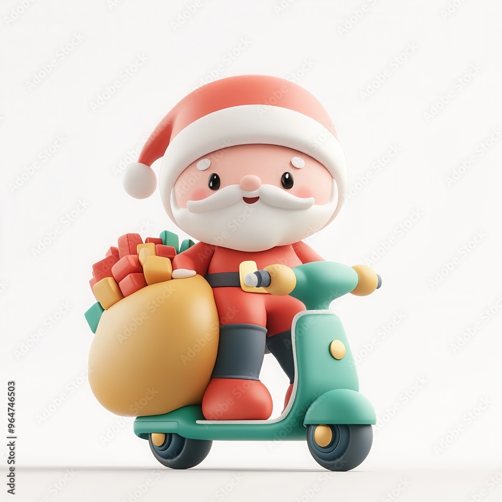A cheerful Santa Claus character rides a scooter, delivering gifts in a festive and playful style, perfect for the holiday season. A cheerful Santa Claus character rides a scooter, delivering gifts in a festive and playful style, perfect for the holiday season.