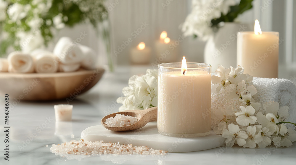 A relaxing spa scene with candles burning, flowers, and sea salt on a white marble table. A relaxing spa scene with candles burning, flowers, and sea salt on a white marble table.