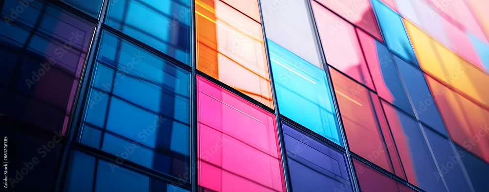 colorful glass windows in front of buildings that feature several colored lines, colorful glass windows in front of buildings that feature several colored lines,