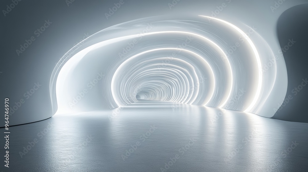 A long, narrow tunnel with a white ceiling and walls