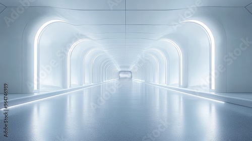 A long, empty, white tunnel with a bright light shining down on it