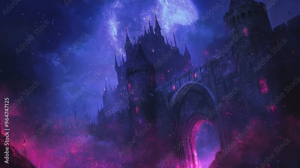 Obraz premium Dark Castle Under a Night Sky with a Giant Moon and Glowing Windows, Mysterious and Magical, Fantasy Art