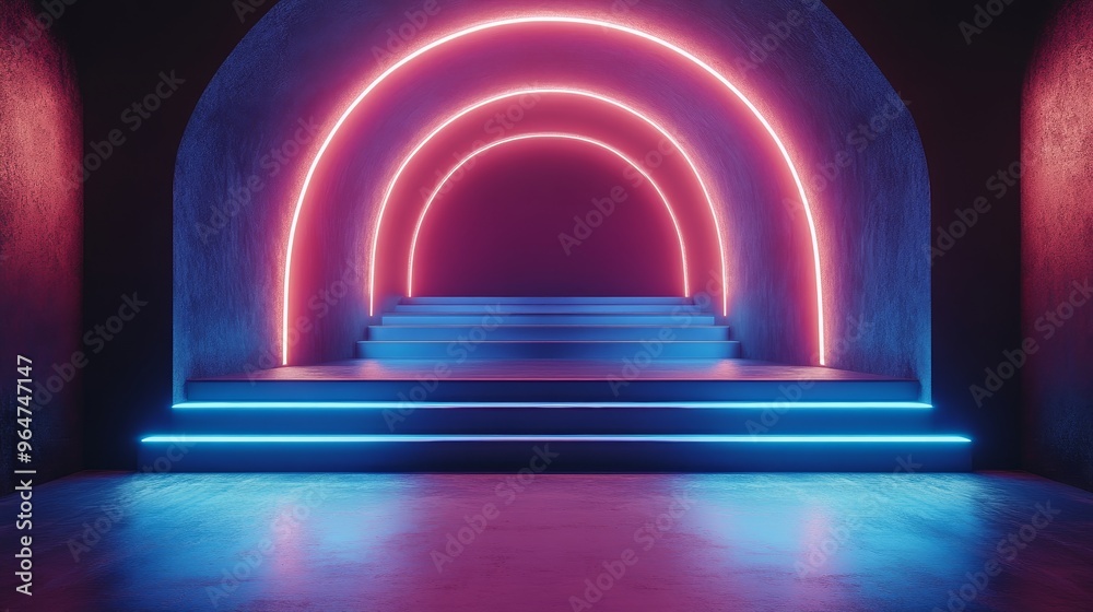 A neon blue and red tunnel with stairs leading up to it A neon blue and red tunnel with stairs leading up to it