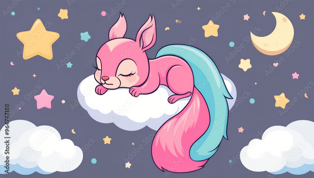Little cartoon squirrel sleeping on a cloud, flat design illustration Little cartoon squirrel sleeping on a cloud, flat design illustration