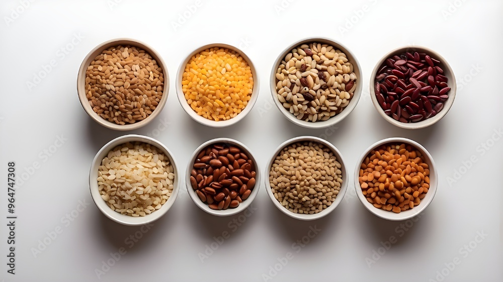 A selection of uncooked grains and pulses presented in petite bowls on a white backdrop, perfect for an abstract wallpaper that would go viral.
A selection of uncooked grains and pulses presented in petite bowls on a white backdrop, perfect for an abstract wallpaper that would go viral.
