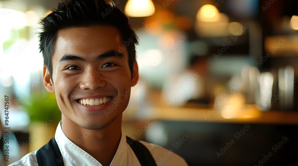 Waiter's Face with a Smile: Portrait of a waiter's face, smiling and welcoming, with a restaurant environment in the background.
Waiter's Face with a Smile: Portrait of a waiter's face, smiling and welcoming, with a restaurant environment in the background.