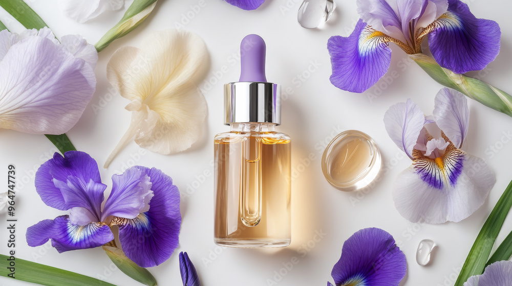 A skincare serum made with flower extracts, packaged in a glass bottle with a dropper. It features iris flowers, suggesting a spa-like experience for face and body care. A skincare serum made with flower extracts, packaged in a glass bottle with a dropper. It features iris flowers, suggesting a spa-like experience for face and body care.