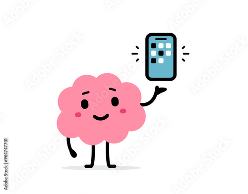 Vector cartoon illustration of cute happy brain character with smart phone in hand on white color background. Flat doodle style education design of smile pink brain use phone