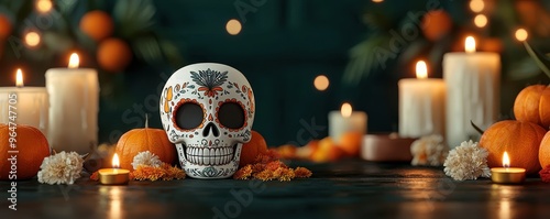 A vibrant Day of the Dead setup featuring a decorative skull, candles, pumpkins, and seasonal flowers for a festive atmosphere.