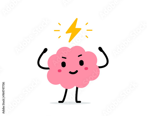 Vector cartoon illustration of cute strong brain and lightning symbol on white color background. Flat doodle style design of smile health brain character