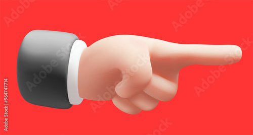Vector illustration of man white skin hand point gesture to right on red color background. 3d style design of fore finger point gesture male hand in sleeve